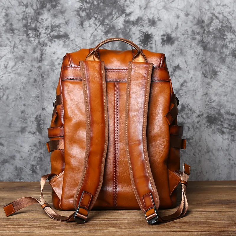 NZP Retro Leather Men's Backpack European and American Fashion Travel Bag Top Layer Cowhide Casual School Bag Laptop Bag