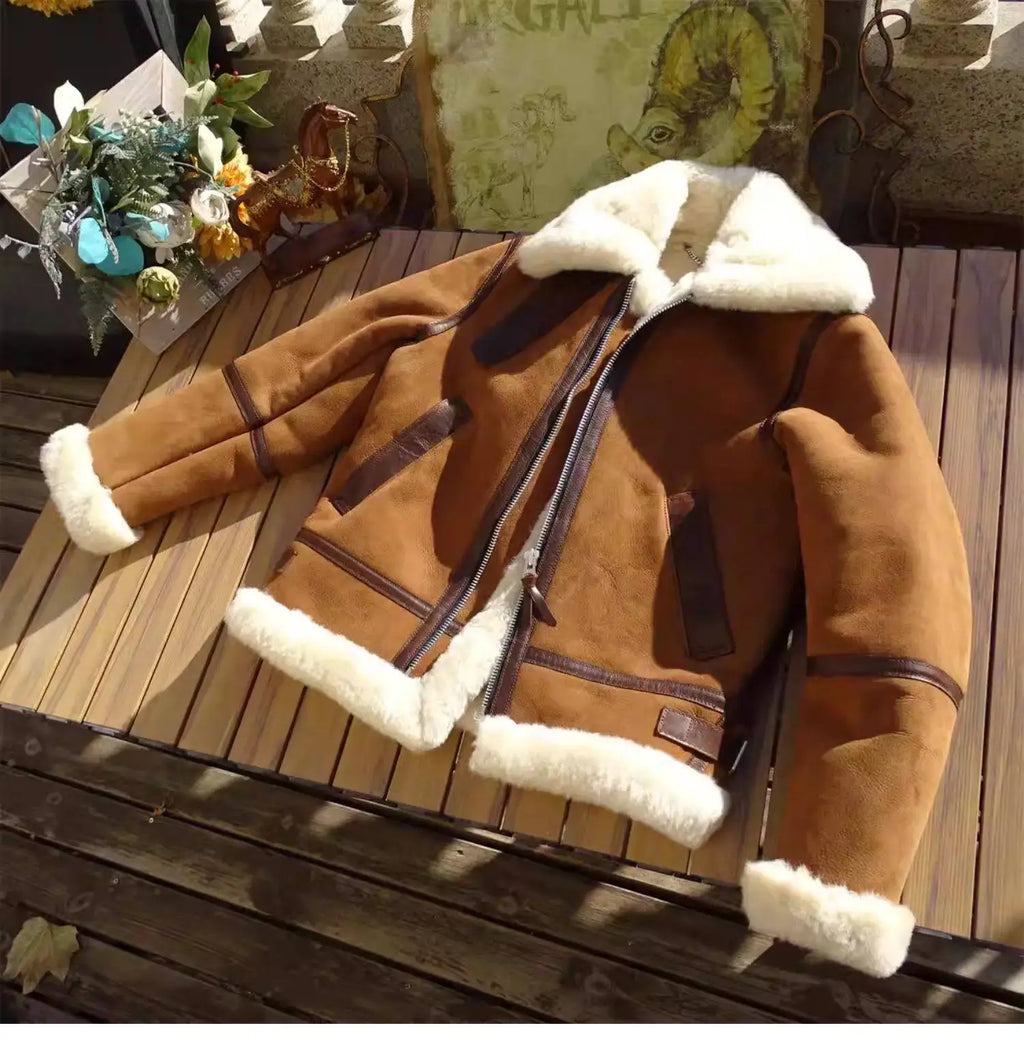 Brown Winter Shearling Jacket Men Military Style Plus Size 4XL Genuine Natural Thick Sheepskin Turn-Down Collar Flight Coat