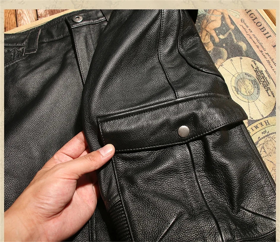 Retro Black Winter Leather Trousers Men Vintage Style Genuine Natural Cowhide Can Add Motorcycle Protection Device Leather Pants