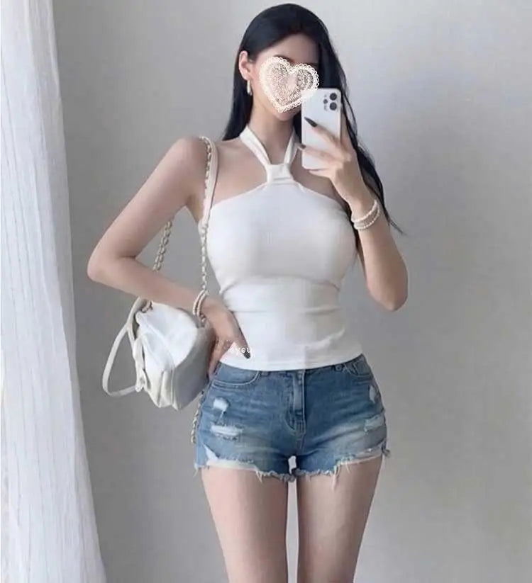 Korean Dongdaemun New Style Slim Fit Shoulder Baring Vest Top Pure Color Short Sleeveless Sexy Body Shaping Cotton T-Shirt