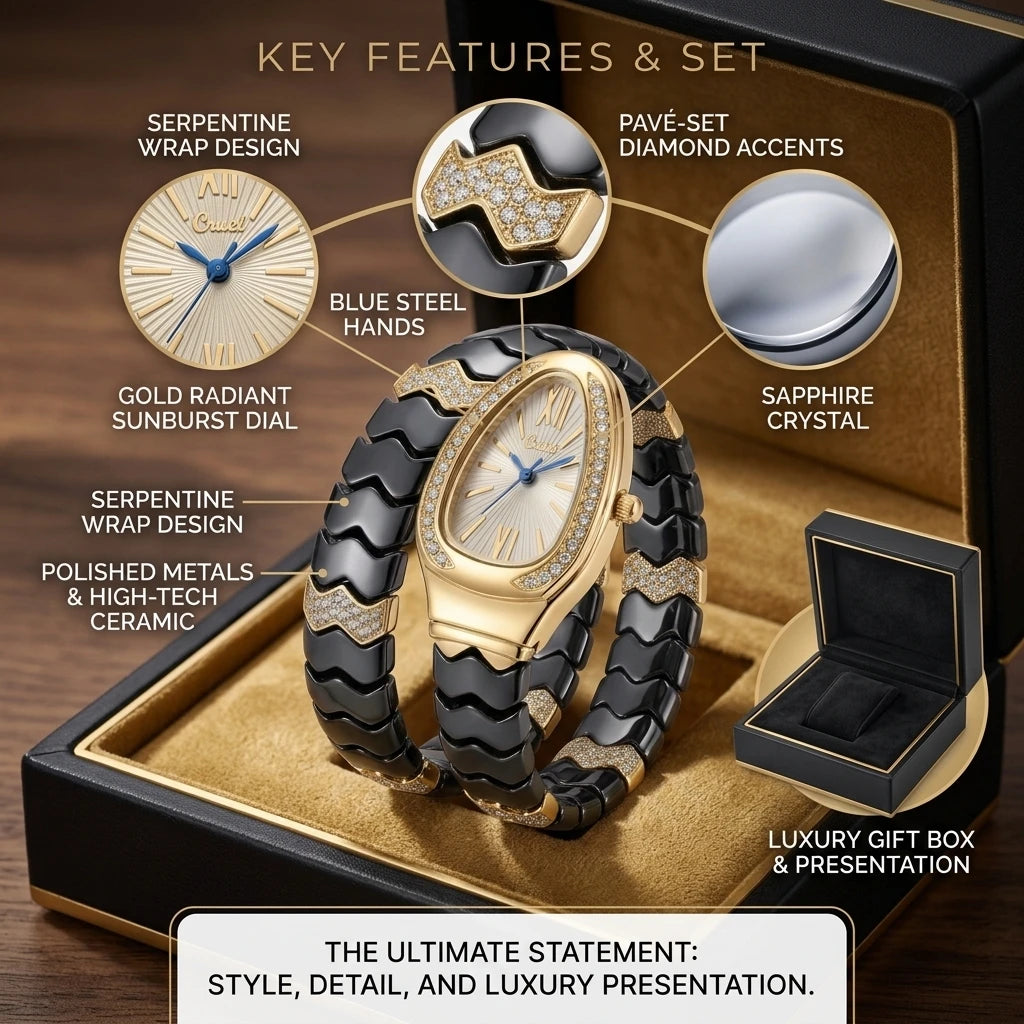4pc Women's Black & Gold Ceramic Elegant Diamond Accents Sunglasses Perfume Quartz Watch Gift Set Birthday Anniversary