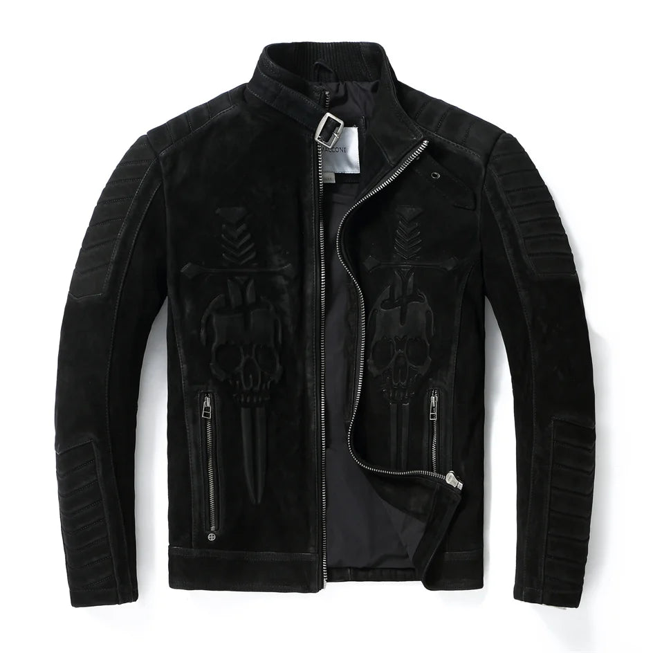 Black Winter Leather Jacket Men Vintage Style Plus Size 3XL Genuine Natural Thick Cow Suede Stand Collar Skulls Pattern Coat