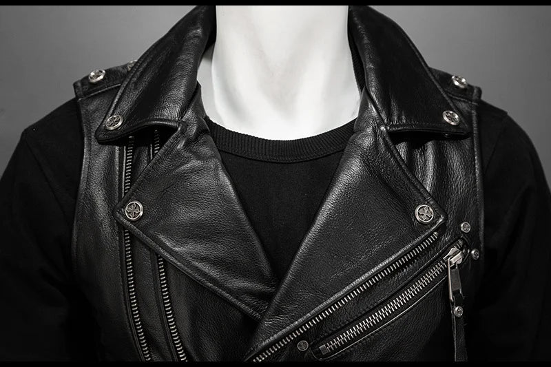 Men Red Brown Leather Biker Vest Vintage Distressed Asymmetrical Zip Sleeveless Jacket Punk Rock Studded Multi-Pocket Waistcoat