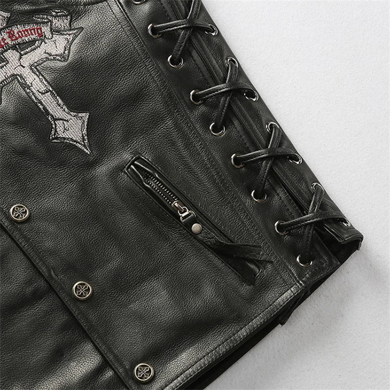 Black Four Seasons Leather Vest Men Sports Style Plus Size 4XL Genuine Natural Cowhide Single Breasted Skulls Embroidery Vest