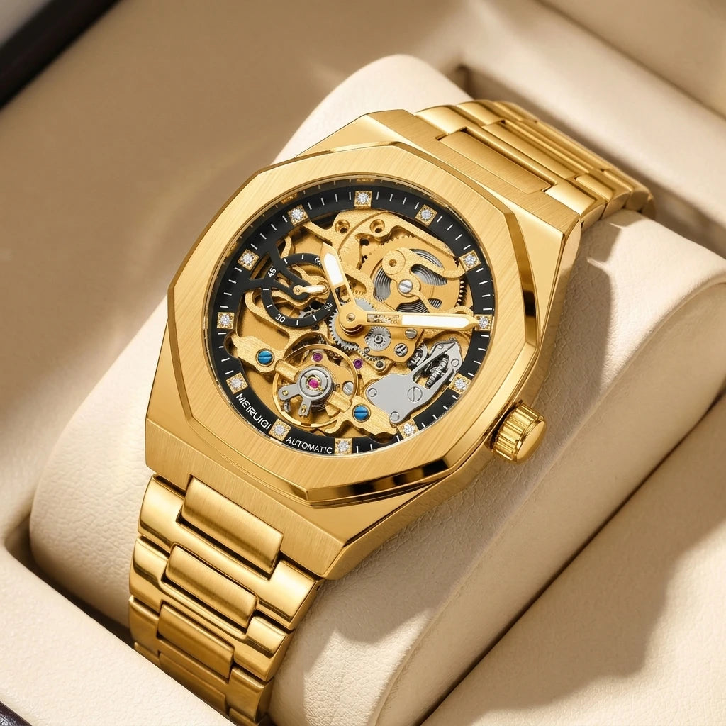 A men's yellow and black party style minimalist scale fully automatic hollow mechanical watch