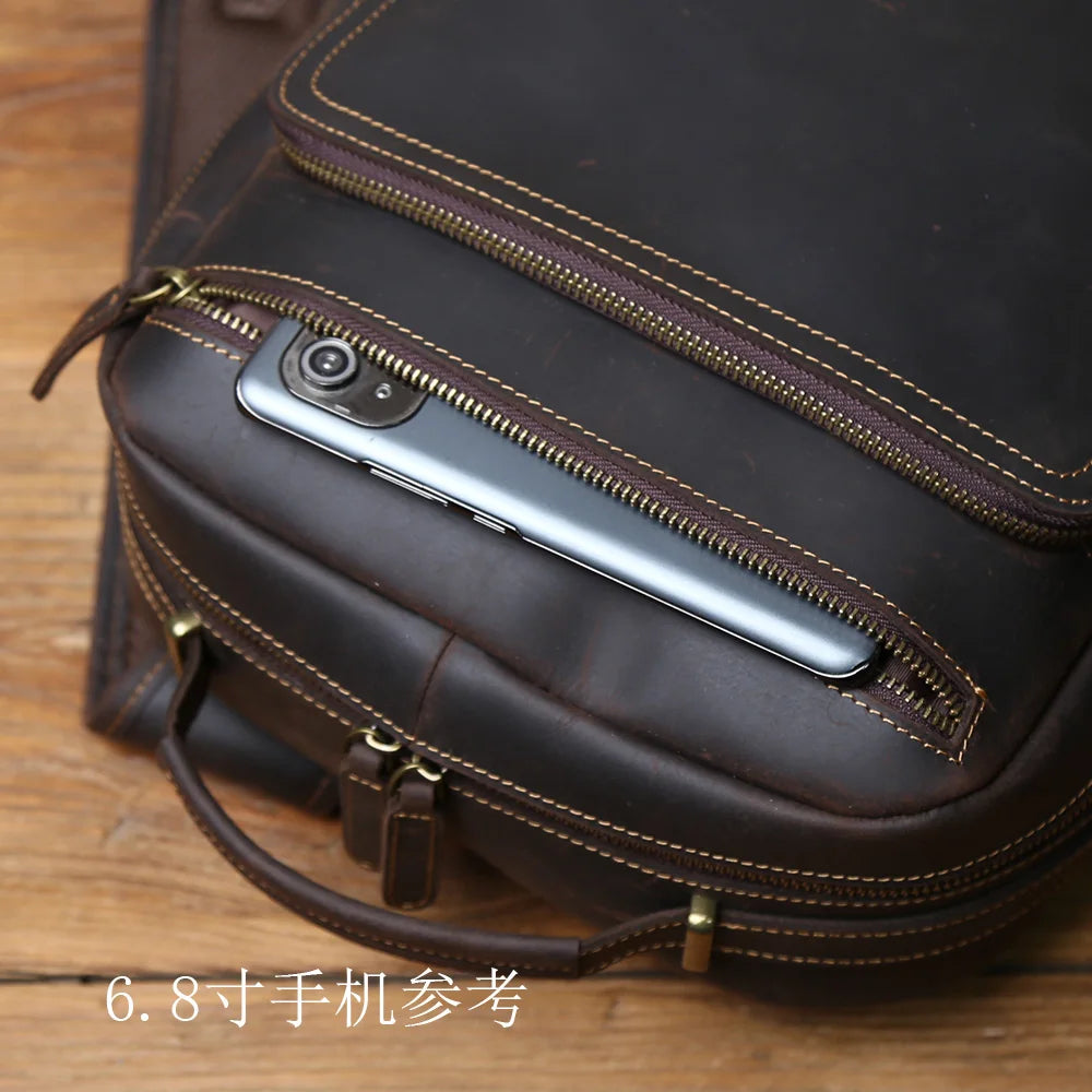 NZPJ Vintage Genuine Leather Men's Backpack Top-Grain Cowhide Business Laptop Bag Crazy Horse Leather Travel Bag For Business