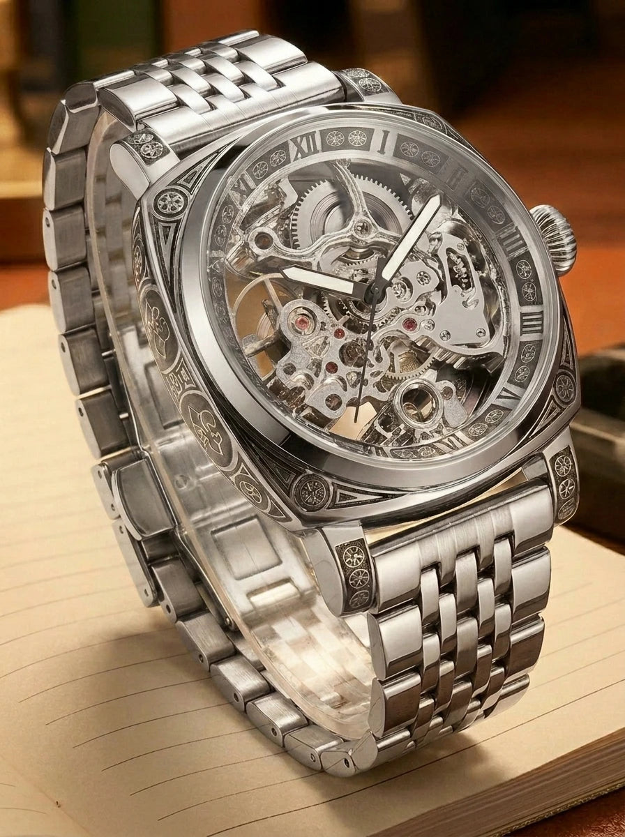 A men's fashion gentlemen's elegant pentagram rose gold and steel mechanical watch
