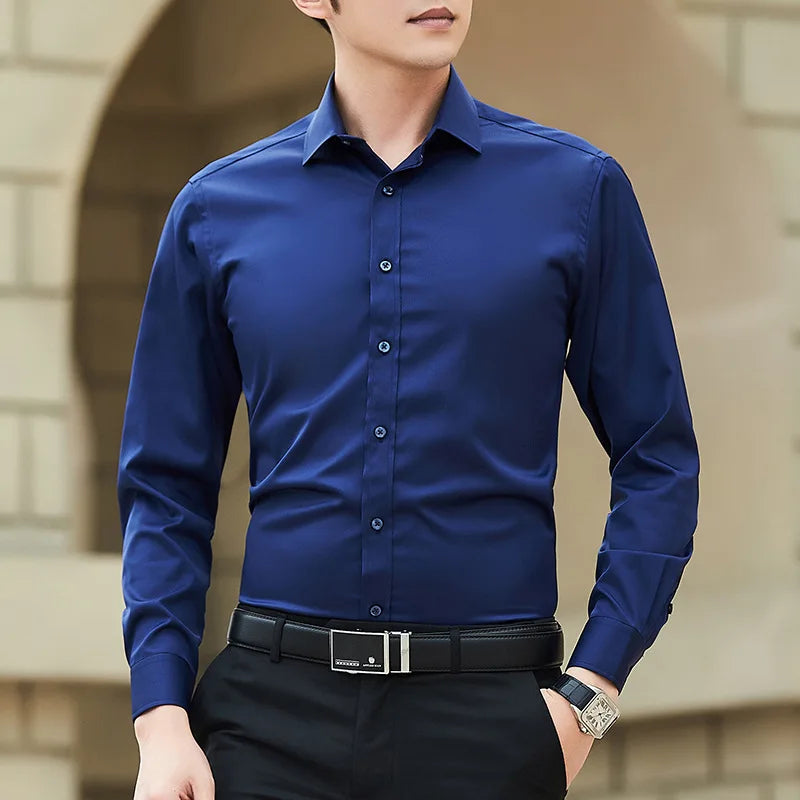 New Plus Size Men Solid Color Business Shirt Fashion Classic Basic Casual Slim White Long Sleeve Shirt Brand Clothes