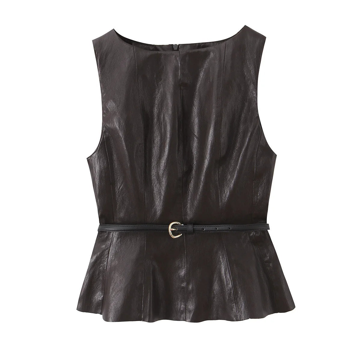 Spring New Style Leather Effect Slim Waist Belt Sleeveless Top Midi Skirt Set Comfortable Casual Korean Style Polyester Fabric