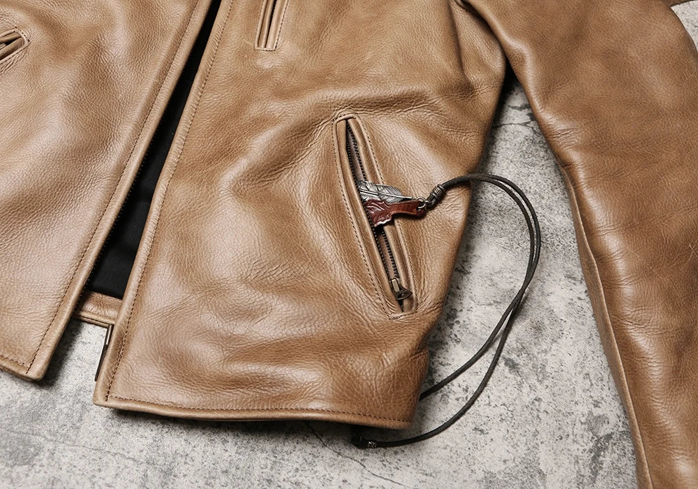 Light Brown Winter Leather Jacket Men Sprots Style Plus Size 5XL Genuine Natural Thick Cowhide Stand Collar Slim Leather Coat