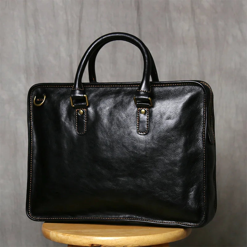 NZPJ Vintage Genuine Leather Men's Briefcase Natural Cowhide Handbag Casual Crossbody Bag Computer Suitable for 14 inch Laptops
