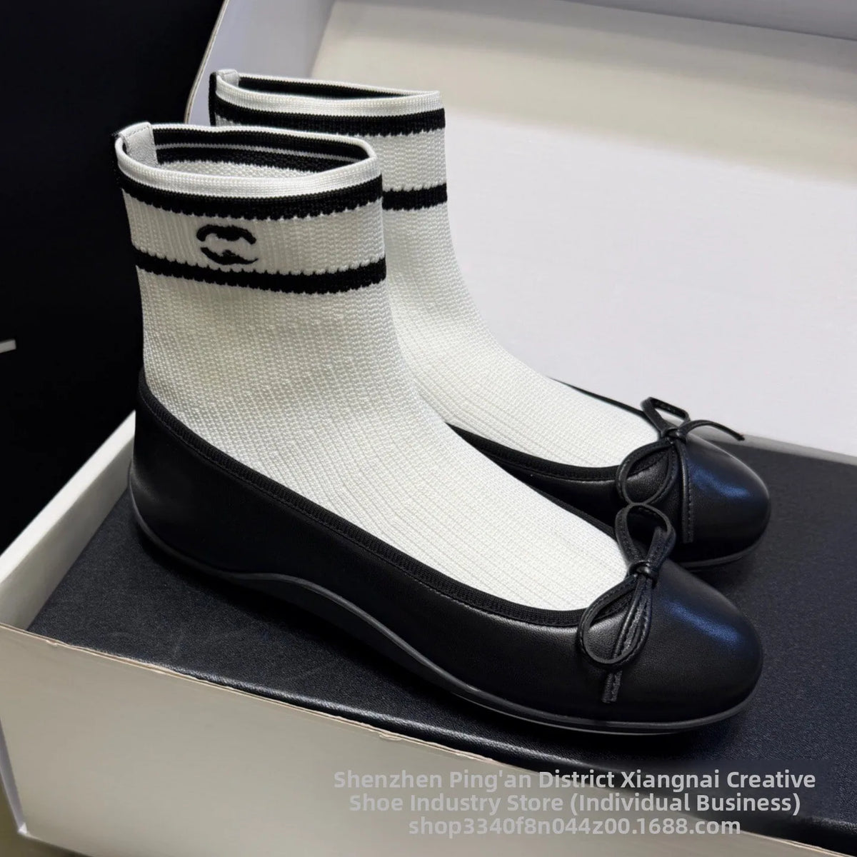 Elegant Mary Jane Shoes Women's Casual Butterfly Knot Elastic Slim Boots French Ballet Style Splicing Breathable Waterproof