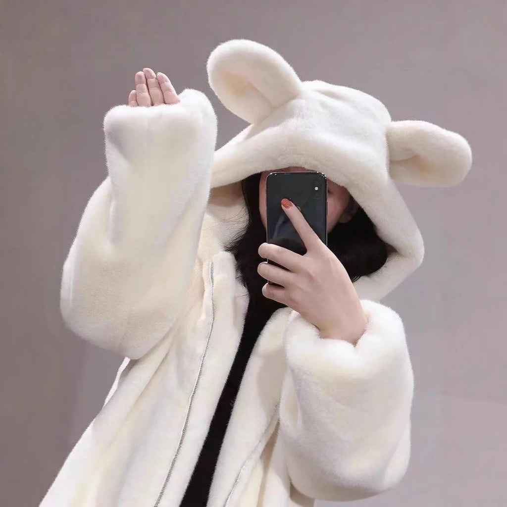 Autumn Winter Thickened Bear Ear Hooded Coat Women's Fashionable Fluffy Simulation Fur Jacket Cute Long-Line Casual Outfit