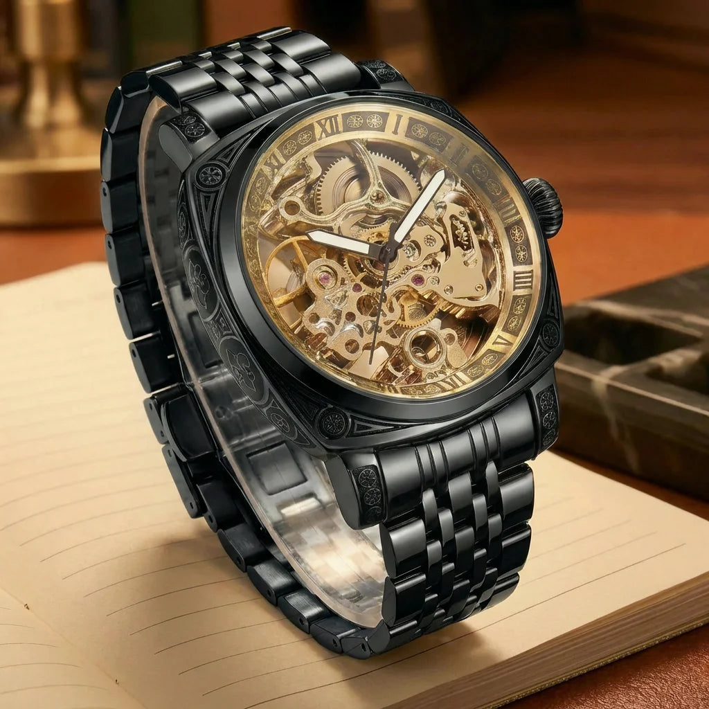 A men's fashion gentlemen's elegant pentagram rose gold and steel mechanical watch