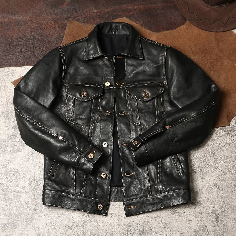 Black Autumn Leather Jacket Men Retro Style Plus Size 4XL Genuine Natural Thick Cowhide Single Breasted Casual Denim Coat