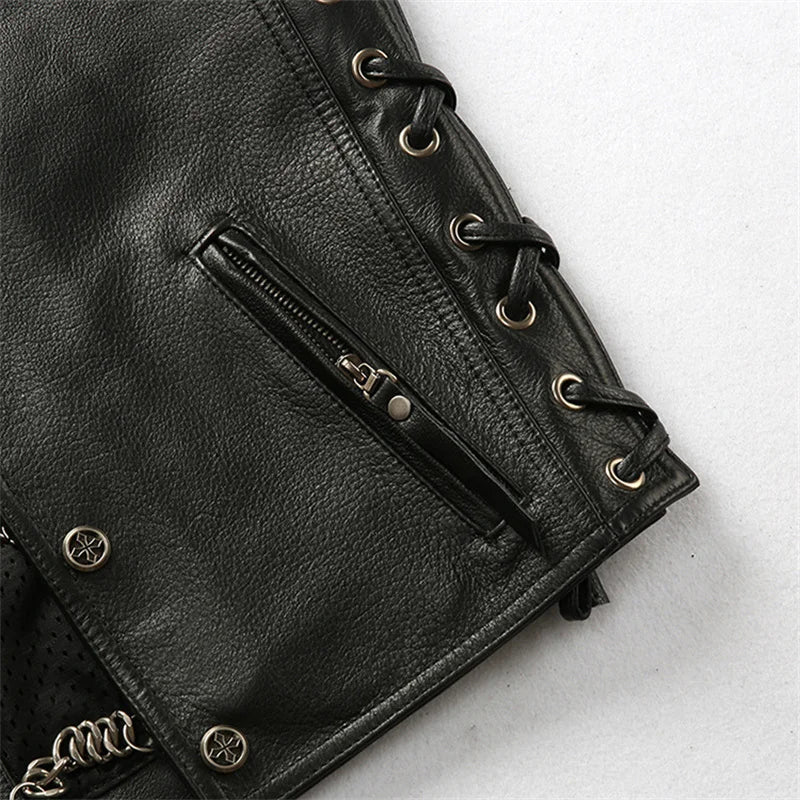 Black Spring Leather Vest Men Sports Style Plus Size 4XL Genuine Natural Cowhide Single Breasted Short Vest