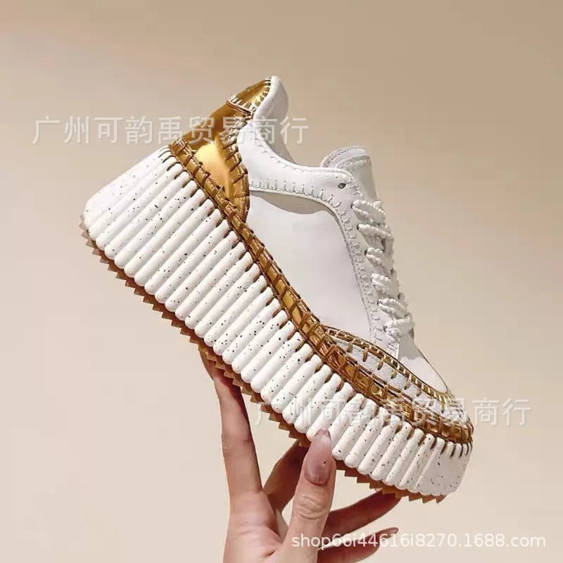 New 2025 Women's Thick Bottom Sports Shoes Sewn Casual Cowhide High Toppling Bottom Flat Shoes Comfortable Breathable Leather