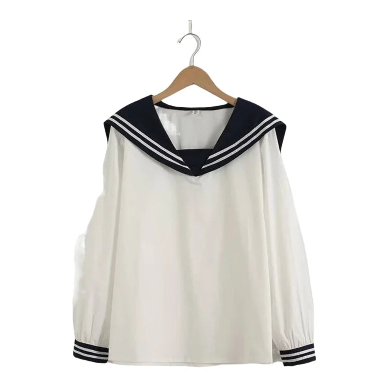 Loose Fit Striped Long Sleeve Crew Neck Women's Shirt Korean Style Navy Theme Autumn Fashion Fresh Sweet College Style
