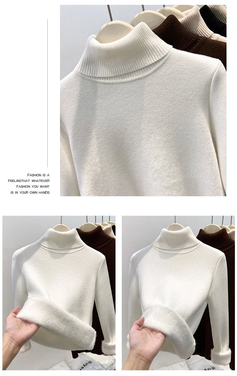 Thickened High Collar One-Piece Fleece Knitted Sweater Women Winter Slim Fit Inner Wear Fashionable Basic Style Base Shirt