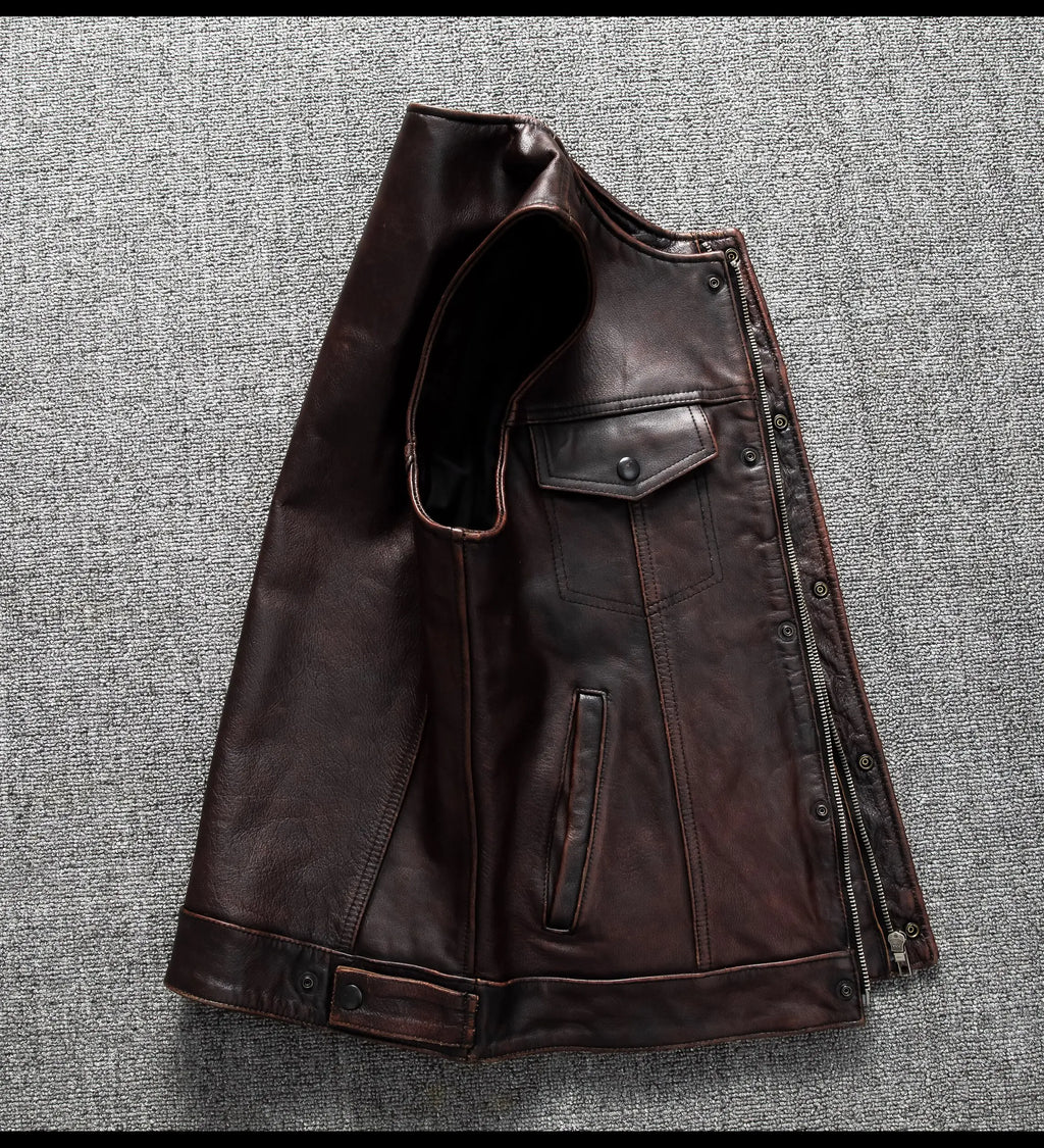 Red Brown Spring Leather Vest Men Retro Style Plus Size 6XL Genuine Natural Cowhide O-Neck Collar Slim Fit Short Sleeveless Coat