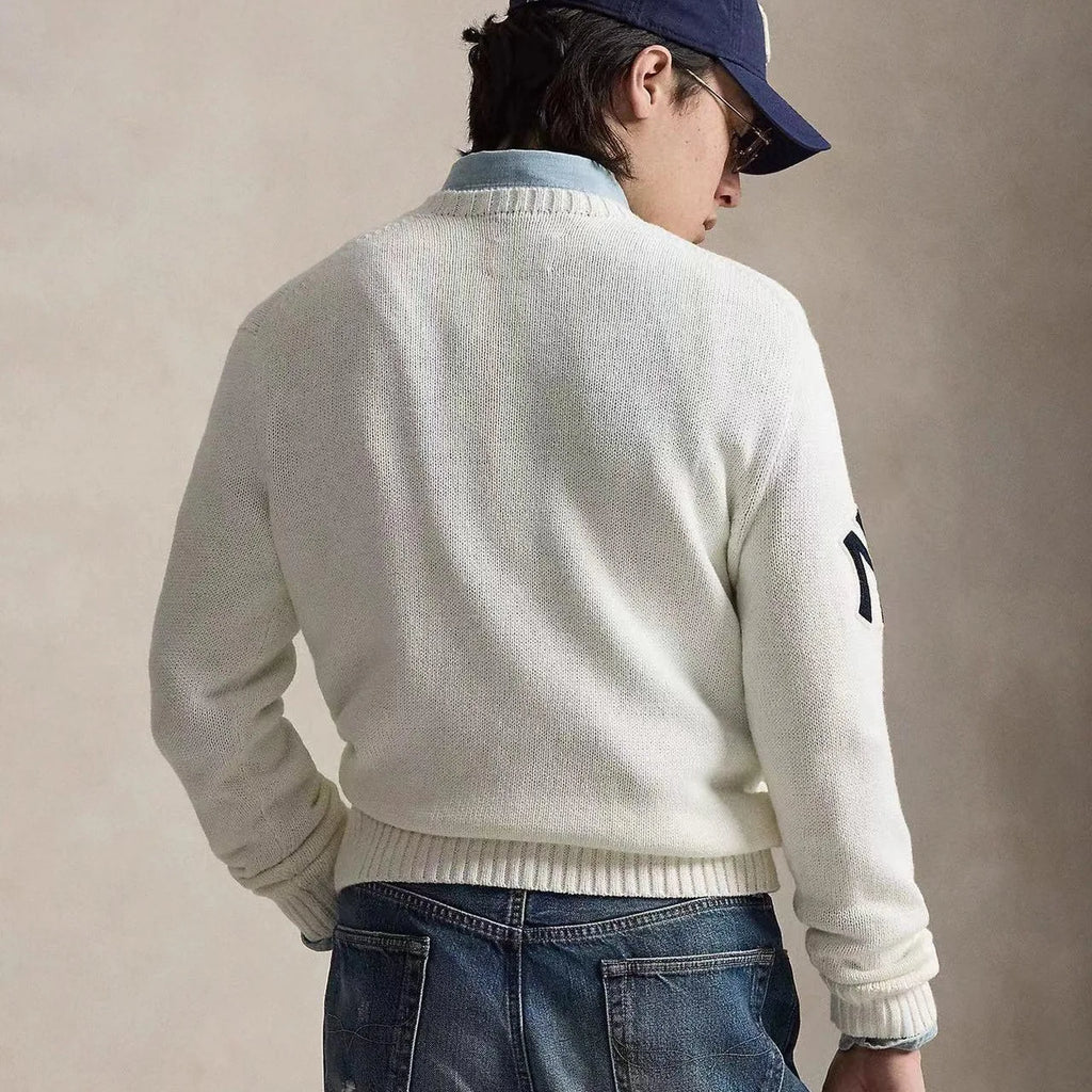 Yankees Baseball Bear Sweater Thick Knitted Cotton Linen Blend Long Sleeve round Neck Embroidered 3D Cartoon Casual Style