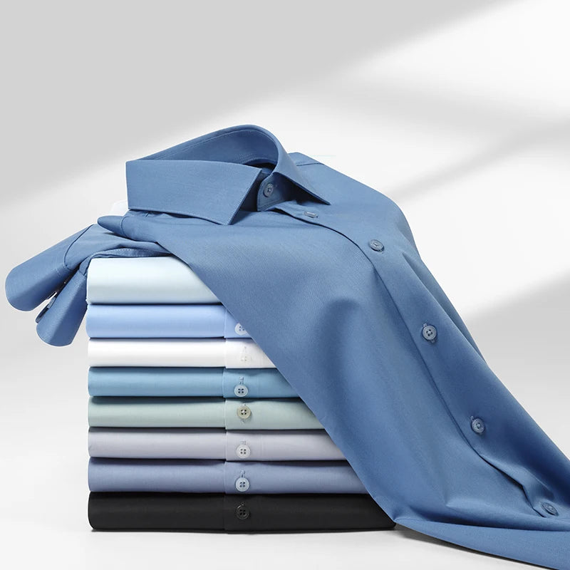 Bamboo Fiber Solid Color Long Sleeve Shirts for Men Slim Fit Formal Plain Shirt Work Anti-Wrinkle Tops Soft Office Clothes