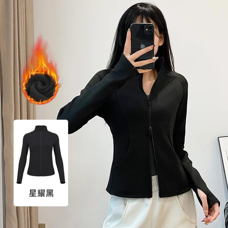 Fleece Lined Thickened Double Zipper Yoga Jacket Women's Autumn Winter Sporty Slim Fit All-Match Windproof Warm Top