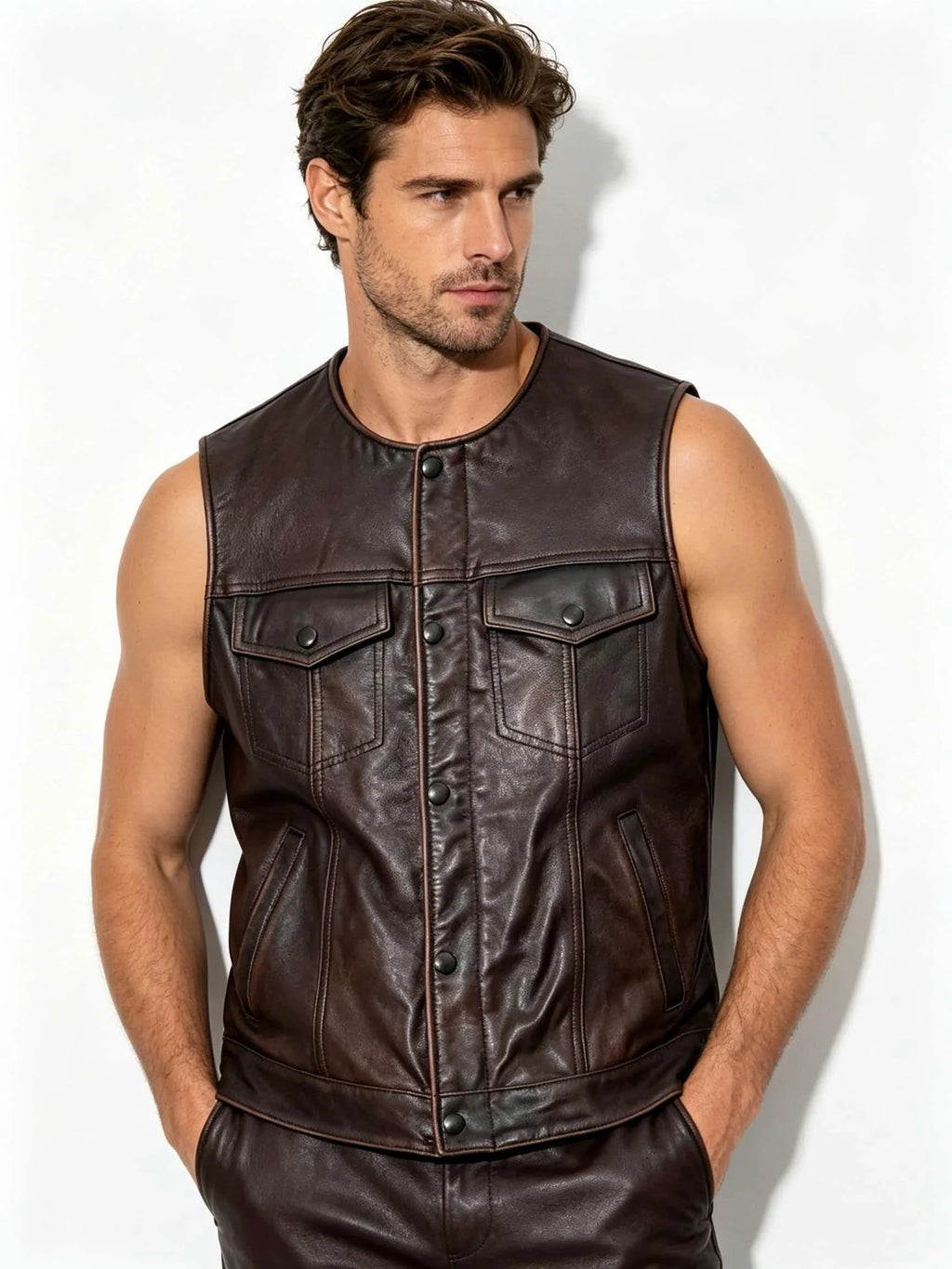 Red Brown Spring Leather Vest Men Retro Style Plus Size 6XL Genuine Natural Cowhide O-Neck Collar Slim Fit Short Sleeveless Coat