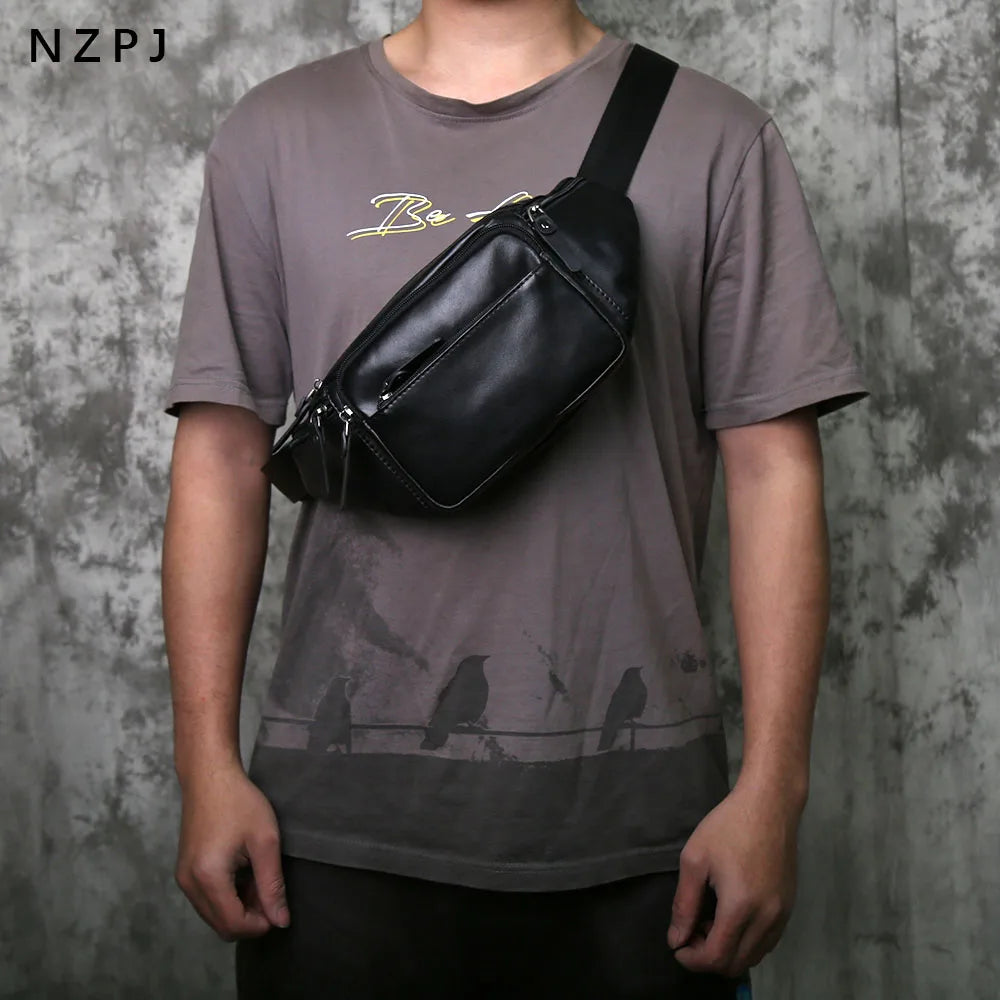 NZPJ Men's Genuine Leather Chest Bag - Top-Grain Cowhide Waist Bag / Crossbody Bag with Multiple Compartments & Phone Pocket