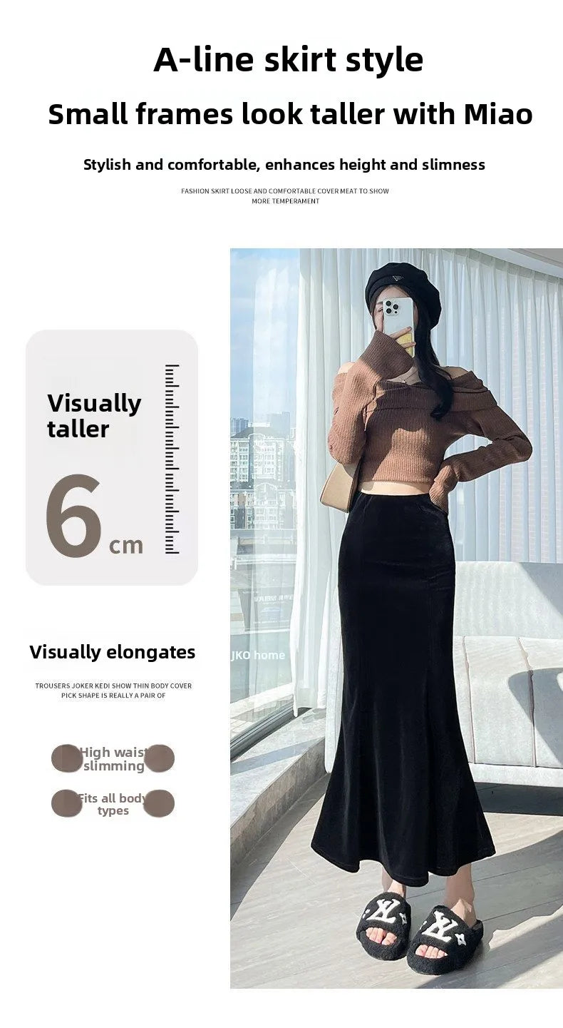 Elegant Long Velvet Skirt Women's High Waist Slim Fit Fish Tail Hem Draping Slimming Full Length Half Body Skirt