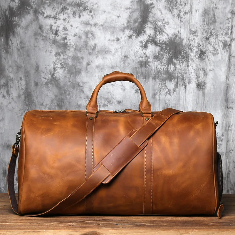 NZPJ Retro Crazy Horse Leather Men's Large-Capacity Travel Bag Leather Luggage Bag Top Layer Cowhide Handbag Shoulder Bag
