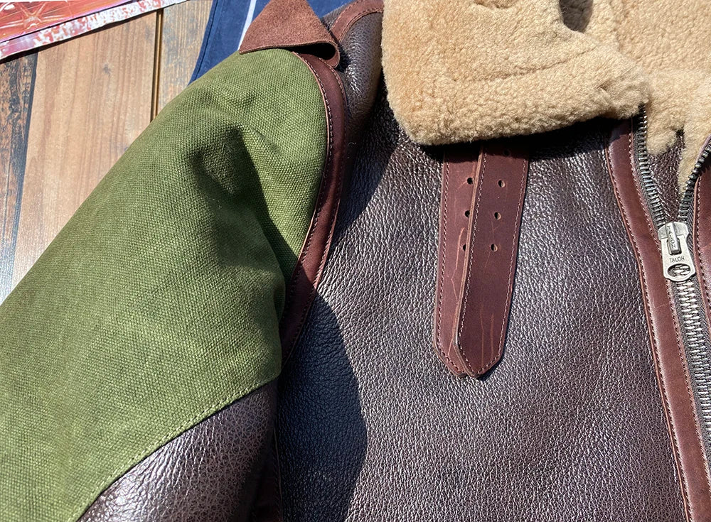 Dark Brown Winter Shearling Jacket Men Retro Style Plus Size 6XL Genuine Natural Thick Sheepskin Turn-Down Collar Flight Coat