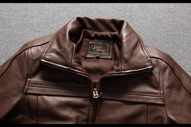Men's Brown Leather Jacket  Vintage Flight Jacket with Stand Collar, Military Style, Front Zipper, Sleeve Pocket, Ribbed Hem