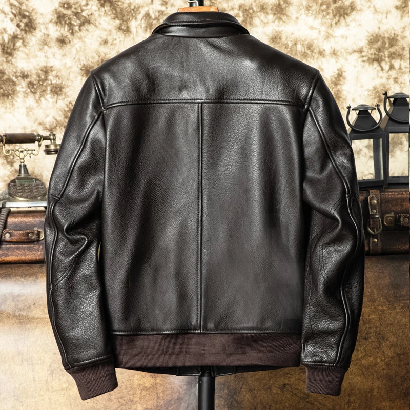 Dark Brown Autumn Leather Jacket Men Retro Style Plus Size 5XL Genuine Natural Cowhide Turn-Down Collar Military A2 Flight Coat