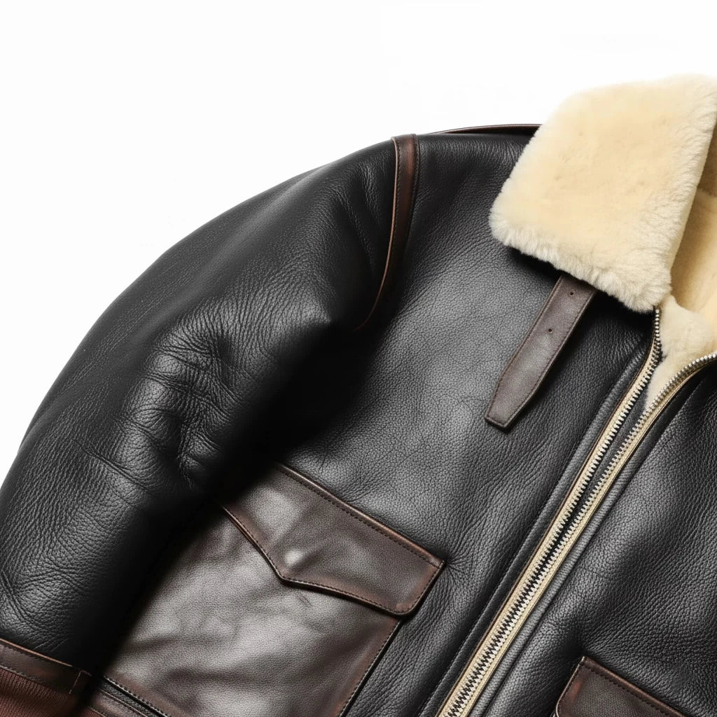 Black Winter Shearling Jacket Men Military Style Plus Size 4XL Genuine Natural Thick Sheepskin Turn-Down Collar A2 Flight Coat