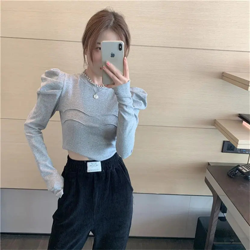 Slim Fit round Neck Long Sleeve Bubble Sleeve Top Women's Autumn Winter Short Base Layer Shirt Hong Kong Style Design Sense Top