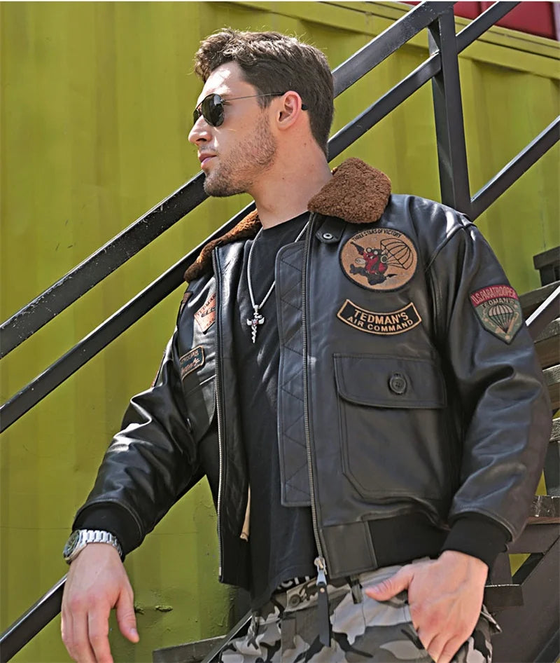Black Winter Leather Jacket Men Retro Style Europe Size Genuine Natural Thick Sheepskin Turn-Down Collar Military G1 Flight Coat