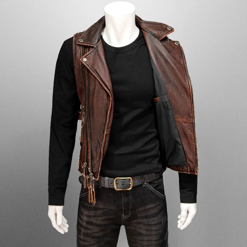 Men Red Brown Leather Biker Vest Vintage Distressed Asymmetrical Zip Sleeveless Jacket Punk Rock Studded Multi-Pocket Waistcoat