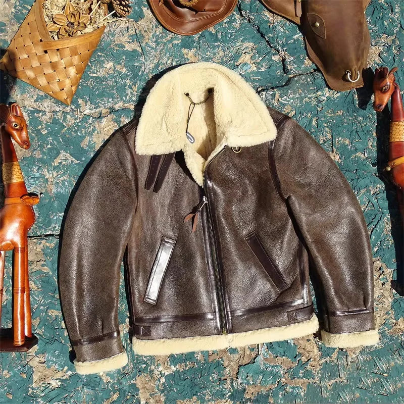 Dark Brown Winter Shearling Jacket Men Retro Style Plus Size 5XL Genuine Natural Thick Sheepskin B6 Bomber Flight Coat