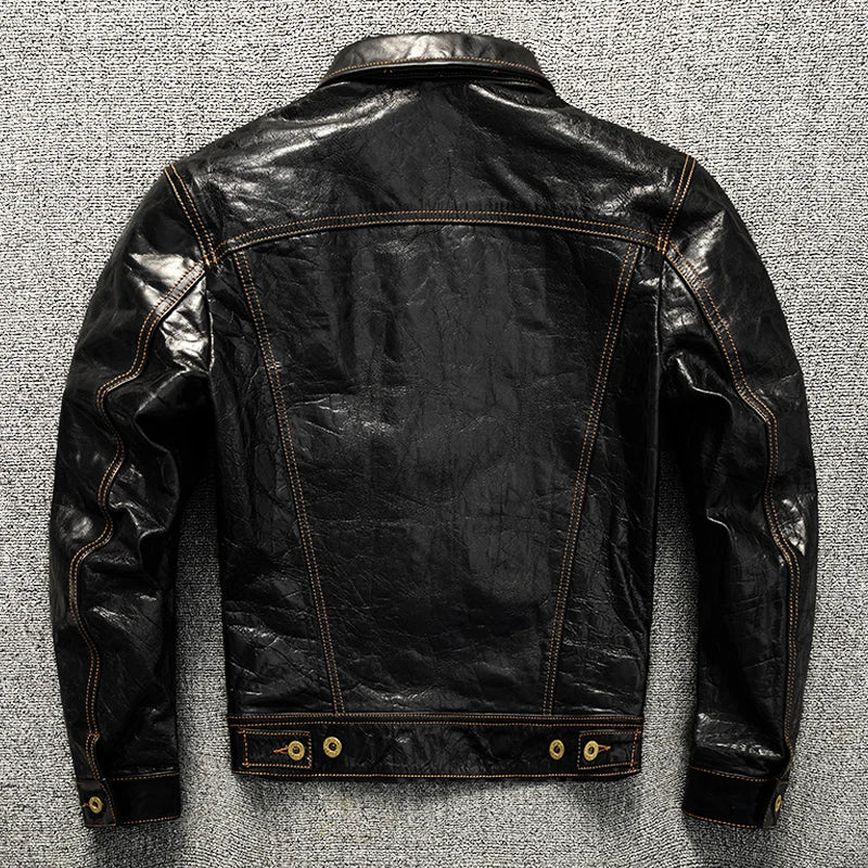 Black Autumn Leather Jacket Men Retro Style Plus Size 5XL Genuine Natural Sheepskin Turn-Down Collar Single Breasted Denim Coat