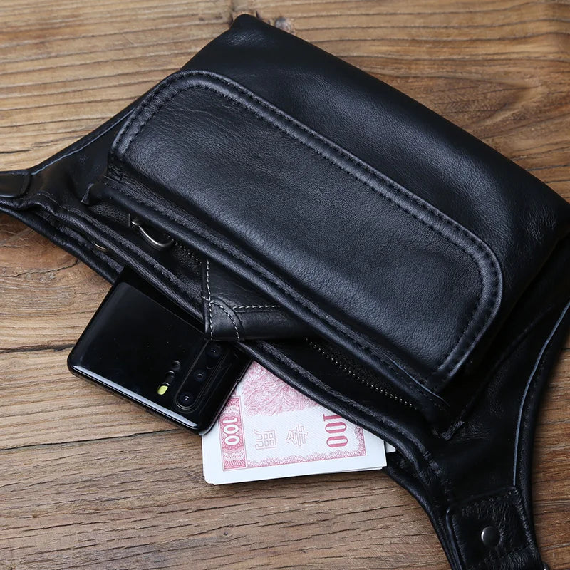 NZPJ Men's Genuine Leather Waist Bag First Layer Leather Casual Chest Bag Soft Leather One-shoulder Crossbody Bag Man Belt Pouch