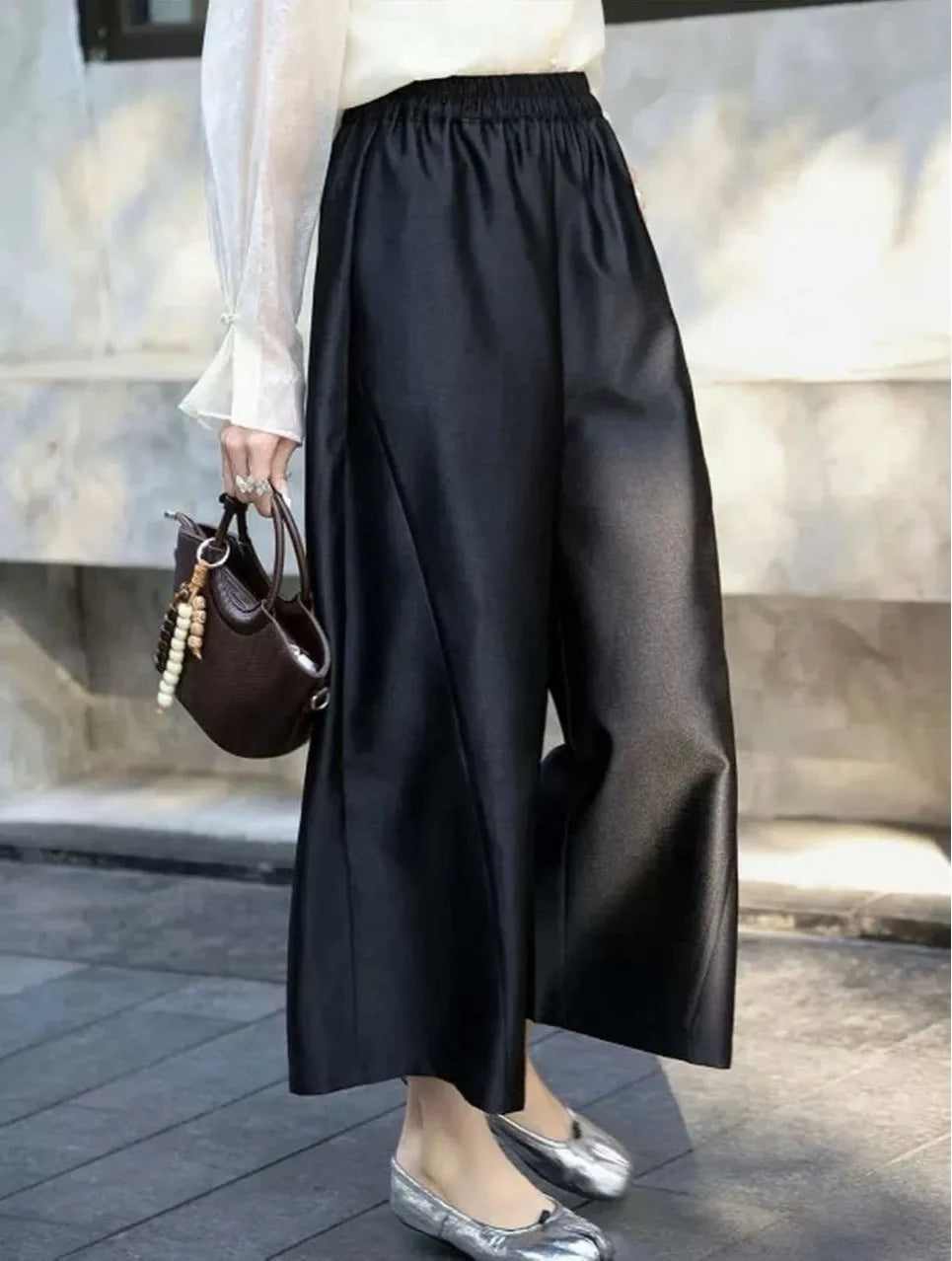 New Chinese Style Nine-Piece Silk-Light Casual Pants Women's Loose Fit Trousers in Peach Blossom White Elegant And Retro