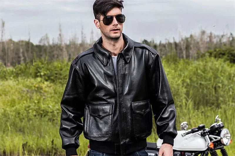 Black Winter Leather Jacket Men Military Style Europe Size Genuine Natural Thick Cowhide Warm Turn-Down Collar A2 Flight Coat