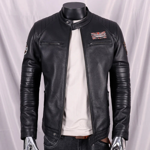 Black Autumn Leather Jacket Men Sports Style Plus Size 5XL Genuine Natural Cowhide Stand Collar Slim Fit Short Coat