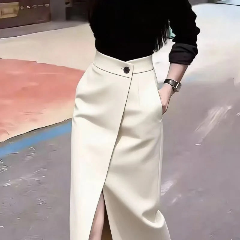 Black Asymmetric Suit Skirt Women's Spring Summer New High Waist Slimming Fashionable Midi Skirt New Arrival Casual Elegant