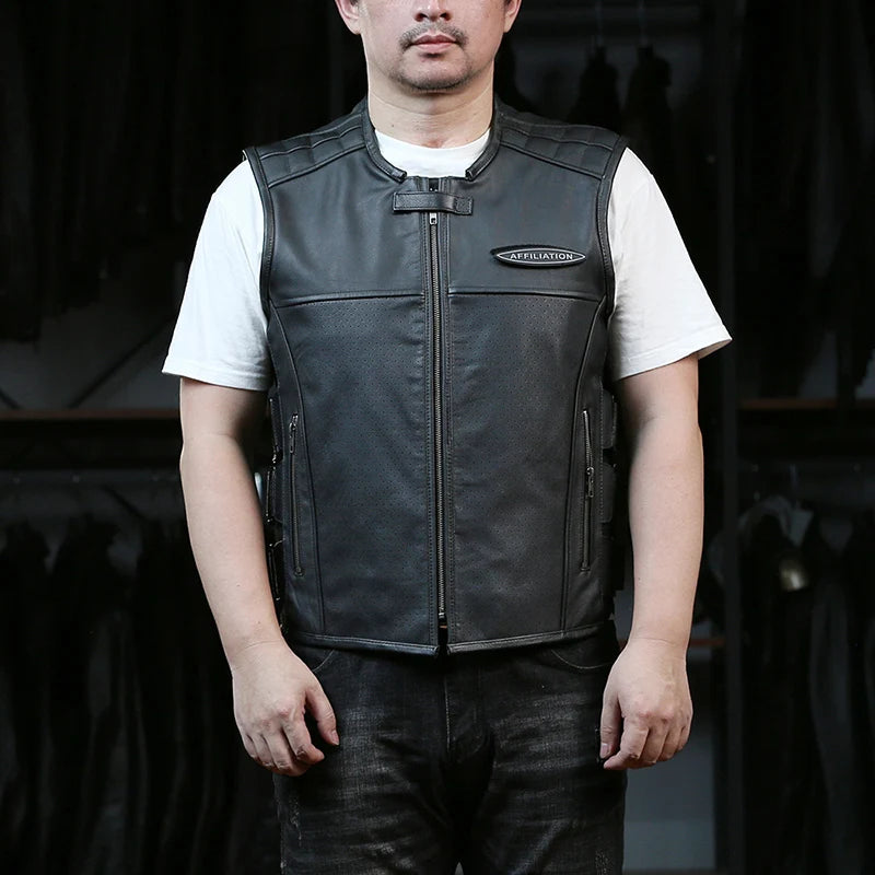 Men's Black Leather Motorcycle Vest Genuine Cowhide Biker Sleeveless Jacket Zip Front Side Lace-Up Multi-Pocket Club Style