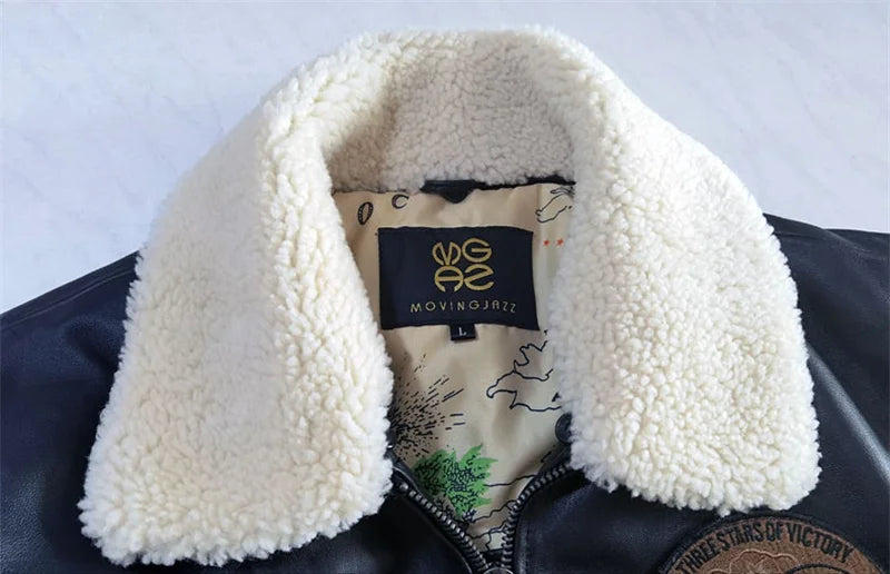 Black Winter Leather Jacket Men Retro Style Europe Size Genuine Natural Thick Sheepskin Turn-Down Collar Military G1 Flight Coat