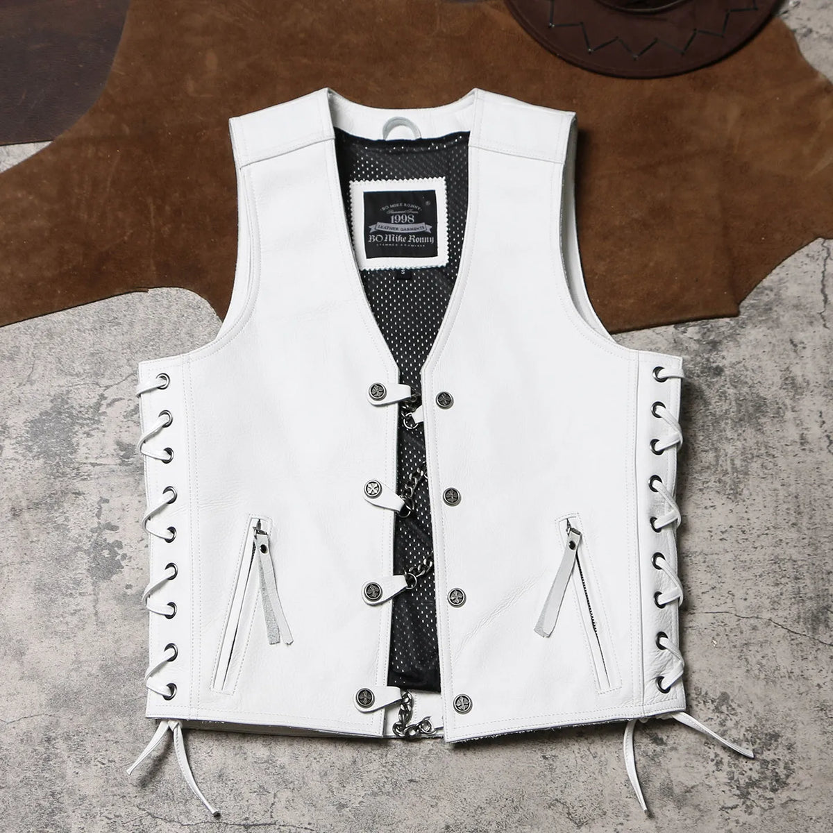 White Spring Leather Vest Men Sports Style Plus Size 4XL Genuine Natural Thick Cowhide Slim Fit Single Breasted Chain Vest