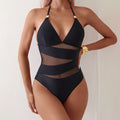 2025 New Pure Color Mesh Bikini Double Strap Hanging Neck Strap One Piece Swimming Suit Women's Adult Solid Color Nylon Fabric