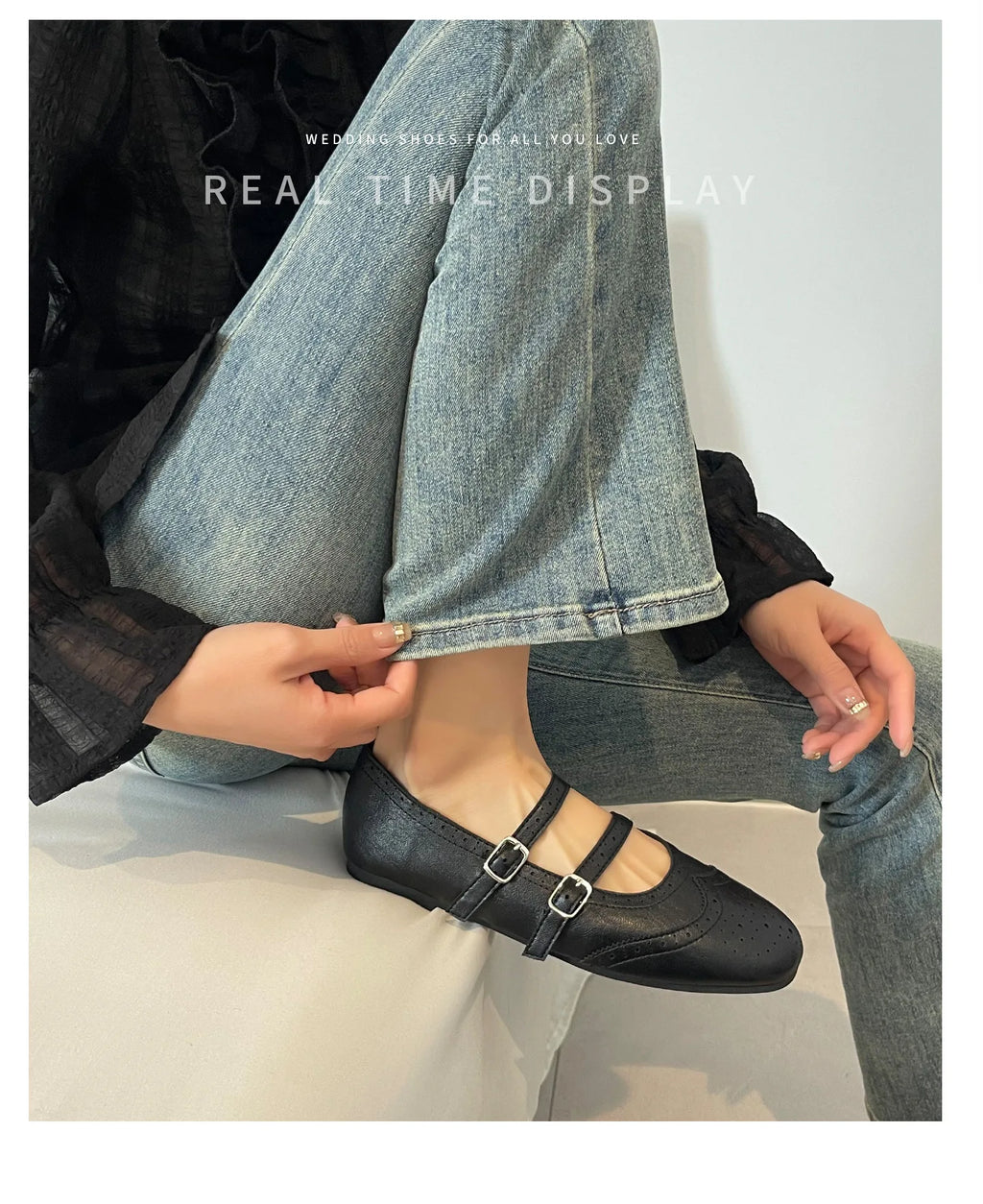 French Style Double Buckle Mary Jane Shoes Women's plus Size Flat Bottom Leather Version Beautiful Carving Spring Summer Autumn